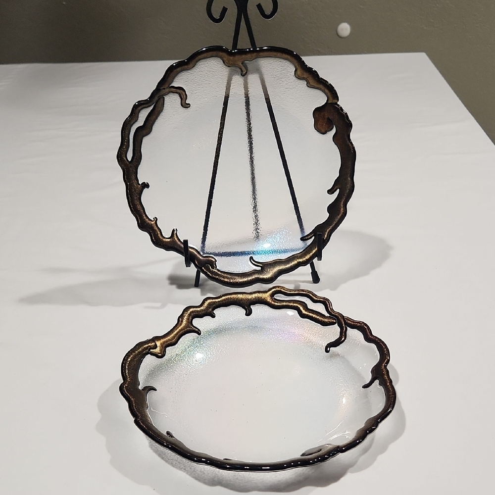 1996 Claritas Art Glass Iridescent Fused Glass Twig Plate/Bowl Signed